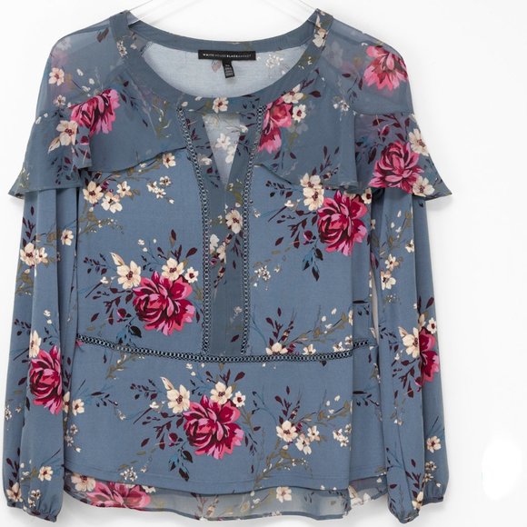 White House Black Market Blouse Tiered Sleeve Top Floral Shirt Blue Pink Size XS - Picture 6 of 7